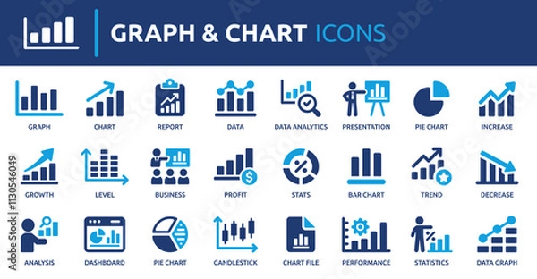 Fototapeta Graph and Chart icon set. Containing data, increase, growth, pie chart, data analytics, business, report and more. Solid vector icons collection.