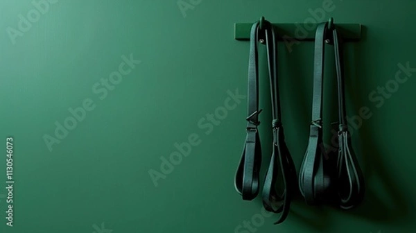 Fototapeta A set of resistance bands hanging neatly on a solid green background.