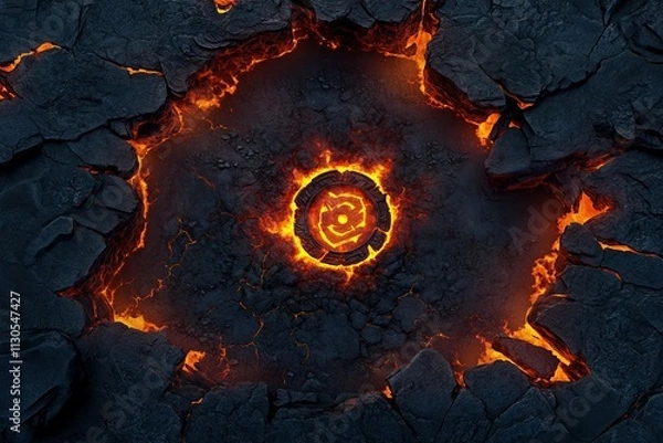 Fototapeta Interior View of a Lava-Filled Pit in Dark Fantasy Setting. AI generated illustration
