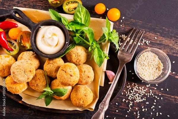 Fototapeta Fork with delicious falafel balls, sauce and vegetables on grunge background