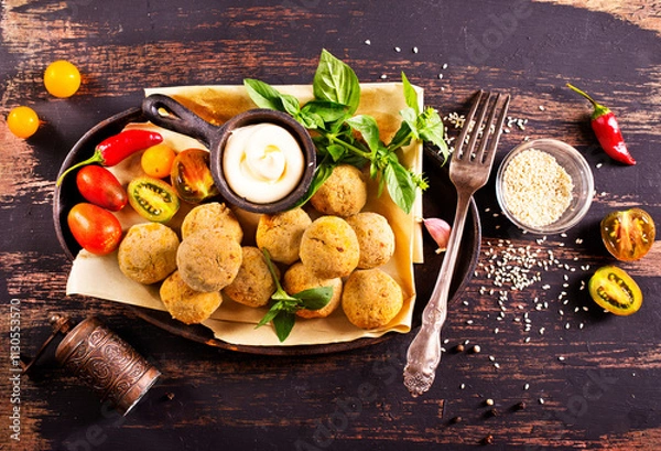 Fototapeta Fork with delicious falafel balls, sauce and vegetables on grunge background