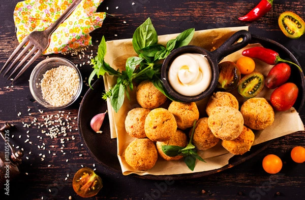 Fototapeta Fork with delicious falafel balls, sauce and vegetables on grunge background