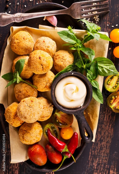 Fototapeta Fork with delicious falafel balls, sauce and vegetables on grunge background