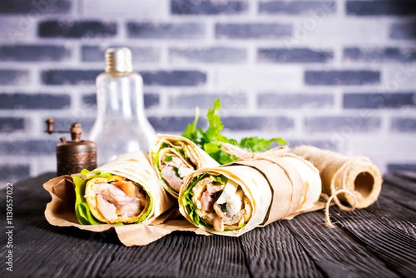 Fototapeta Shawarma sandwich, fresh roll of lavash (pita bread) pork shawarma with ham and cheese