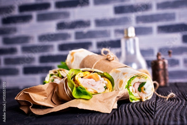 Fototapeta Shawarma sandwich, fresh roll of lavash (pita bread) pork shawarma with ham and cheese