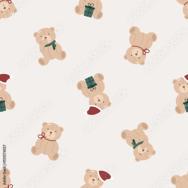 Fototapeta Seamless pattern with cute Christmas teddy bear. Flat vector background. Christmas design. Creative texture for fabric, wrapping, textile, wallpaper, apparel.