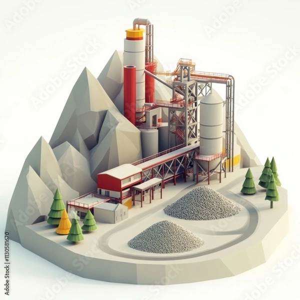 Fototapeta Industrial Landscape with Processing Facility and Mountains