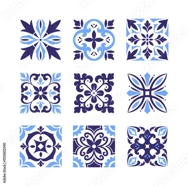 Fototapeta Set of antique tile patterns. Vintage floral ornate ornaments in baroque style. Traditional blue azulejo designs with plant silhouettes. Flat vector illustration collection isolated on background