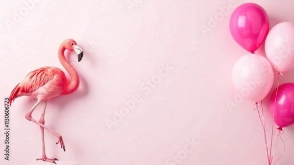 Fototapeta pink flamingo with pink balloons on pink background, birthday greeting concept, space for text, card layout