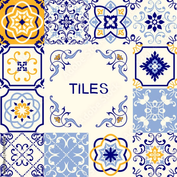 Fototapeta Hand drawn seamless abstract tile pattern. Spanish ceramic floor tiles. Portuguese motifs. Colorful decorations pattern, racy vector design. Ceramic tiles in turkish style.