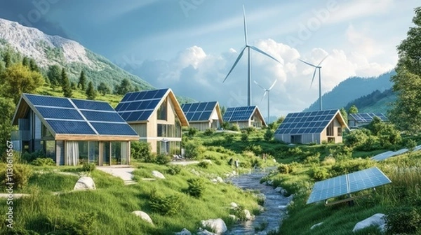 Obraz A sustainable ski resort powered by wind and solar energy
A sustainable city graphic cradled by a glowing globe
A solar farm in a desert landscape, rows of solar panels absorbing sunlight
