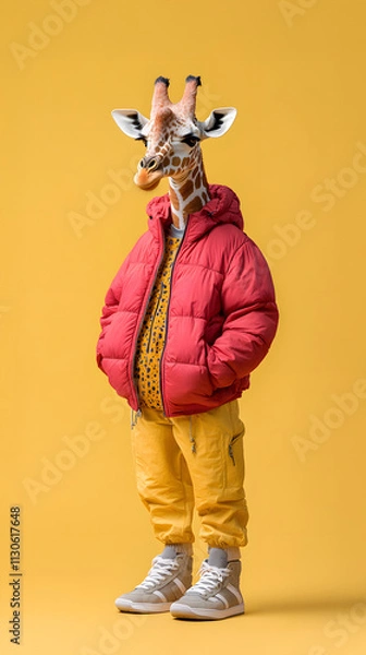 Fototapeta Giraffe fashion statement studio fashion photography minimalist environment portrait view whimsical concept for seo impact