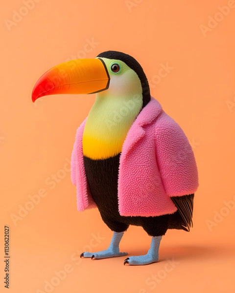 Fototapeta Colorful toucan character in pink jacket creative art showcase bright studio cartoon style whimsical concept for engagement
