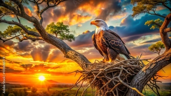 Fototapeta Majestic Eagle Nest High in a Windswept Tree - Epic Wildlife Photography