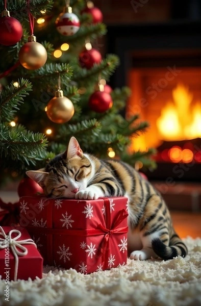 Fototapeta Vertical watercolor concept of cozy Christmas evening, sleeping ginger cat on pyramid of New Year gifts near decorated Christmas tree on blurred background of burning fireplace with firewood