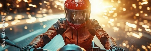 Obraz Motorcyclist with red helmet in dynamic motion blur