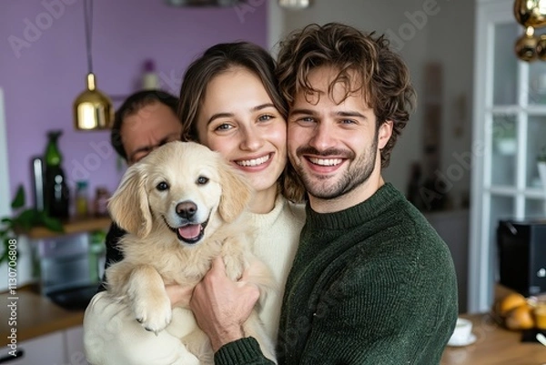 Obraz Couple with puppy and person photo-bombing a smile