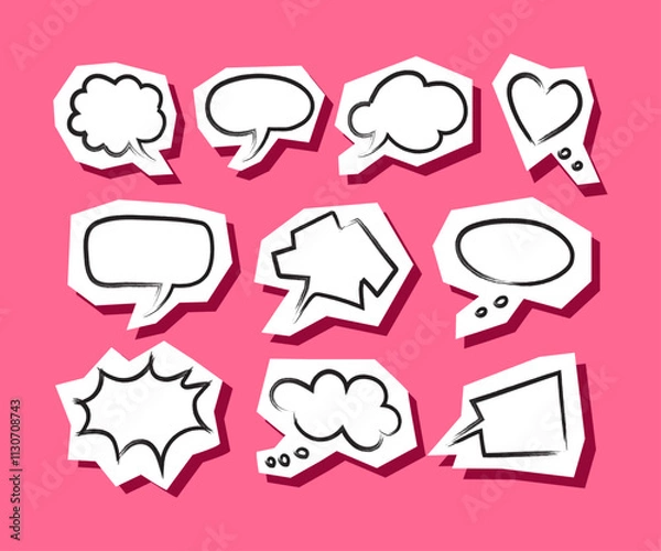 Obraz Hand drawn speech bubbles. Grunge isolated social media stickers. Paper clippings. Editable elements