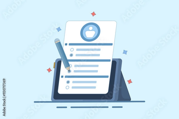 Fototapeta questionnaire concept. questions and answers. device with survey form using pencil. Filling or answering survey or questionnaire. flat vector illustration on background.