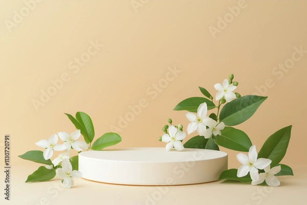 Fototapeta White empty rounded podium presentation of product. White podium and beautiful jasmine flowers on beige background, space for texts. Advertising podium for cosmetic, spa, skincare, massage product. 