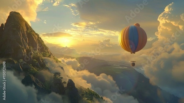 Fototapeta Colorful hot air balloons floating above the clouds, with majestic mountains and lush greenery below, bathed in golden sunlight, forming a beautiful landscape