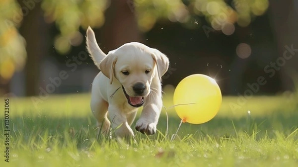 Obraz Cute labrador puppy playing with yellow balloon on green grass