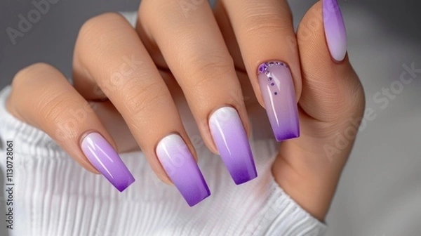 Obraz Hands of a woman with nails painted in purple gradient color, rectangular manicure, gel nail polish with french tip design and rhinestones. Close-up of beautiful hands on white background.