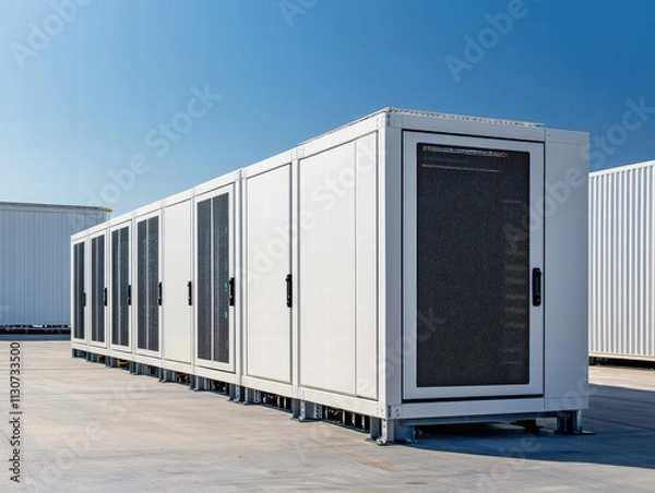 Fototapeta Modular data center pods in clear blue sky, showcasing modern technology