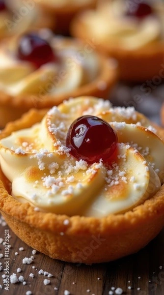 Obraz Delicious tartlet with creamy filling, adorned with a cherry and sprinkled with sugar, rests on a rustic wooden background