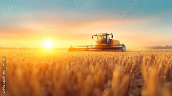 Fototapeta With the sun overhead, a red combine harvester harvests soybeans. In the fall, the farm works in the field.