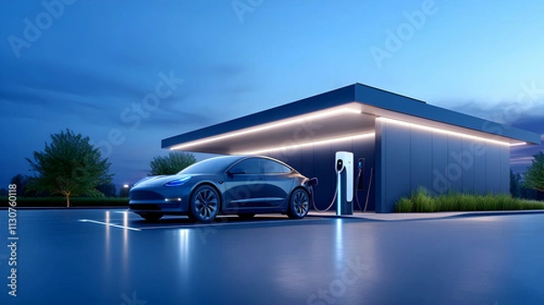 Fototapeta Electric vehicle charging stations, or EV charging stations, utilize sustainable power sources and environmentally friendly energy to reduce CO2 emissions.
