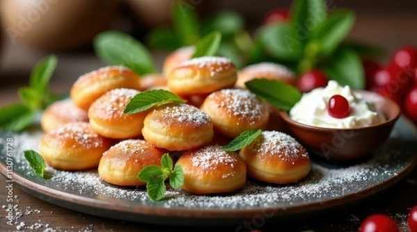 Fototapeta Golden mini pancakes dusted with powdered sugar, garnished with fresh mint, and served with whipped cream and cranberries on a rustic plate