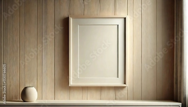 Obraz A cream-colored photo frame beautifully set on a wooden surface in warm, minimal tones. The harmonious combination of soft hues and natural textures creates an inviting and elegant backdrop.