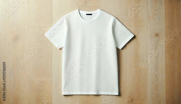 Obraz A crisp white shirt elegantly displayed on a warm-toned wooden surface with a minimalist and cozy aesthetic. The clean lines and natural textures make this mock-up perfect for showcasing products .