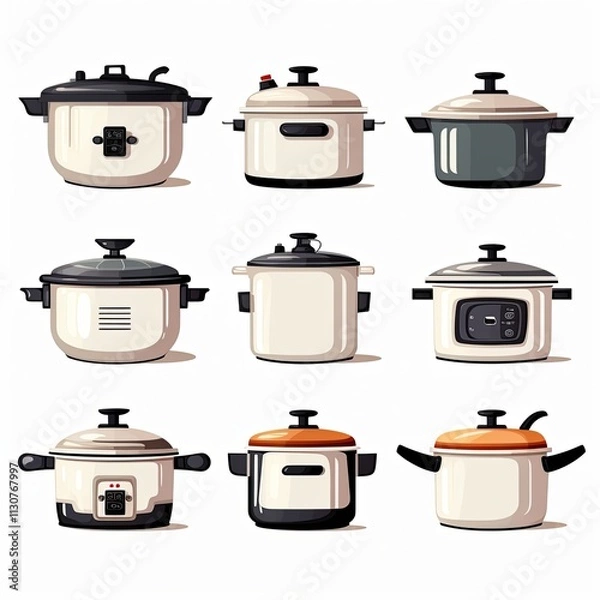 Fototapeta A set of cartoon-style electric cookers in cream tones with black and orange details, highlighting modern kitchen appliances.
