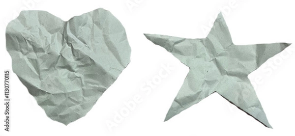 Fototapeta Illustration of crumpled paper cut into heart and star shapes, transparent background.