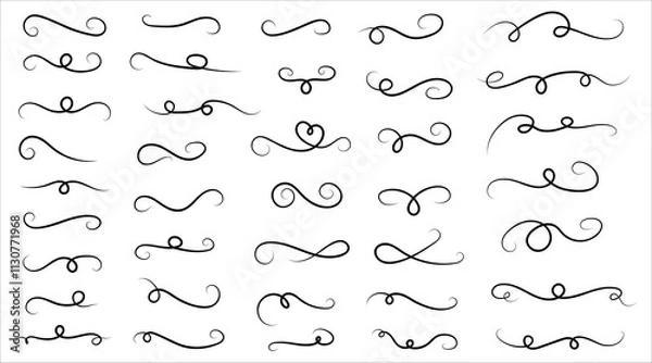 Fototapeta Set os decorative swirls and lines. Flourish line border ornament, filigree decor element. Vintage frame, header text separator.