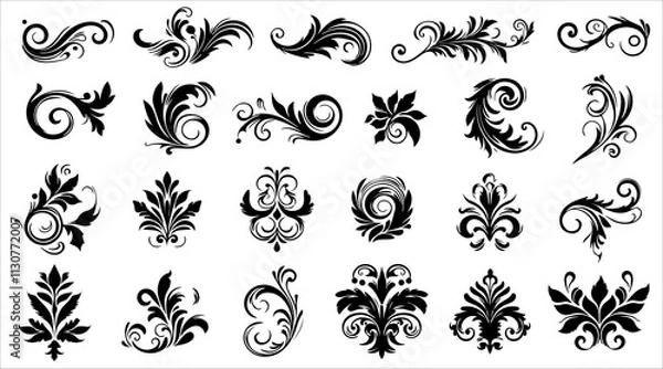 Fototapeta Set os decorative swirls and lines. Flourish line border ornament, filigree decor element. Vintage frame, header text separator.