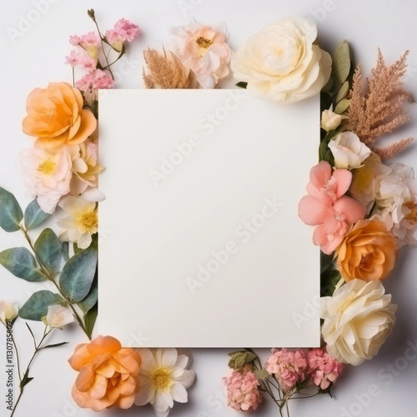 Obraz Vibrant Flowers Framing a Blank White Canvas