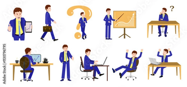 Obraz An office worker at the workplace. A set of vector illustrations with a cartoon character in the office for animation. An office worker. All the details of the characters on separate layers, the joint