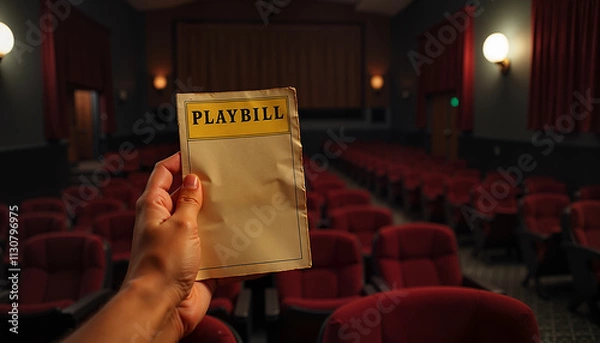 Fototapeta Person holding a playbill in a vintage movie theater with empty red seats
