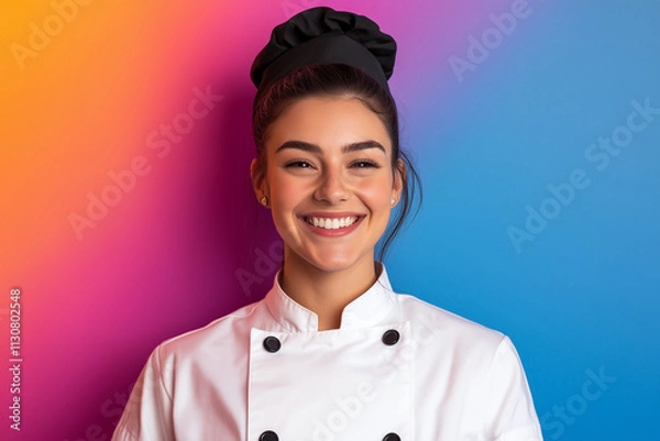 Obraz Smiling female chef in uniform, vibrant colorful background, professional culinary portrait