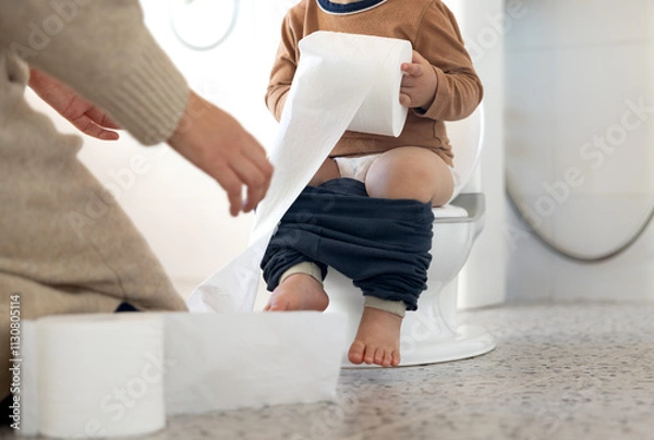 Obraz 화장실에서 어린이 변기로 엄마와 함께 배변 교육중인 아기 