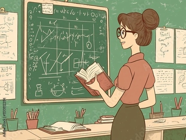Fototapeta A stylish cartoon-style teacher holding a book and presenting math concepts on a chalkboard in a lively and organized classroom. The image conveys enthusiasm for teaching and learning.
