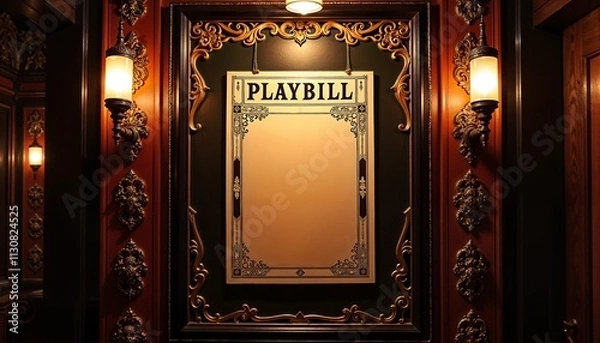 Fototapeta Elegant empty playbill frame on vintage theater wall, nostalgic atmosphere with decorative details