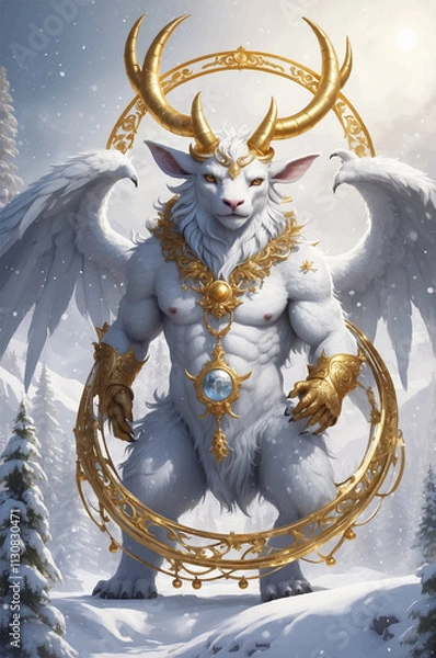 Obraz Fantasy creature in gold in the middle of the snow

