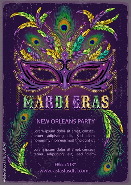 Fototapeta Vertical carnival advert poster with luxury mask, feathers, glossy text. A4 template with copy space for Mardi Gras carnival, party, events in vintage style. Textured vintage background