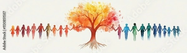 Fototapeta A vibrant watercolor illustration depicting diverse people holding hands in unity, surrounded by a colorful tree symbolizing harmony, diversity, and community spirit.