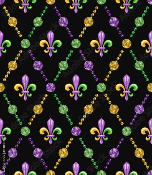 Fototapeta Mardi gras geometric dark pattern. Diagonal rhombus grid made with colorful coins, Fleur de lis symbol in center of grid cells. Vintage style illustration