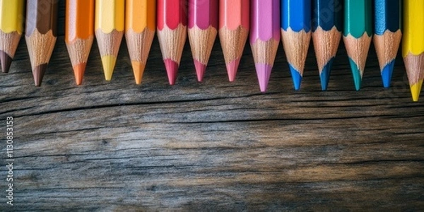 Fototapeta Parent Teacher Conference message featuring a variety of multicultural skin tone colored pencils on a rustic wooden desk, highlighting the importance of diversity and communication in education.